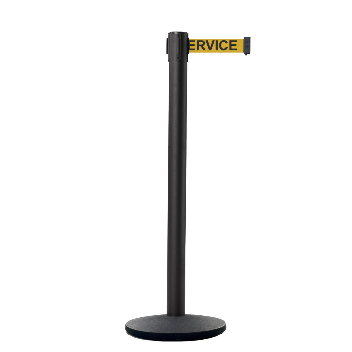Retractable Belt Barrier Stanchion, Black Post, Cast Iron Base, 7.5 Ft. Belt - Montour Line MI630 - Crowd Control Warehouse