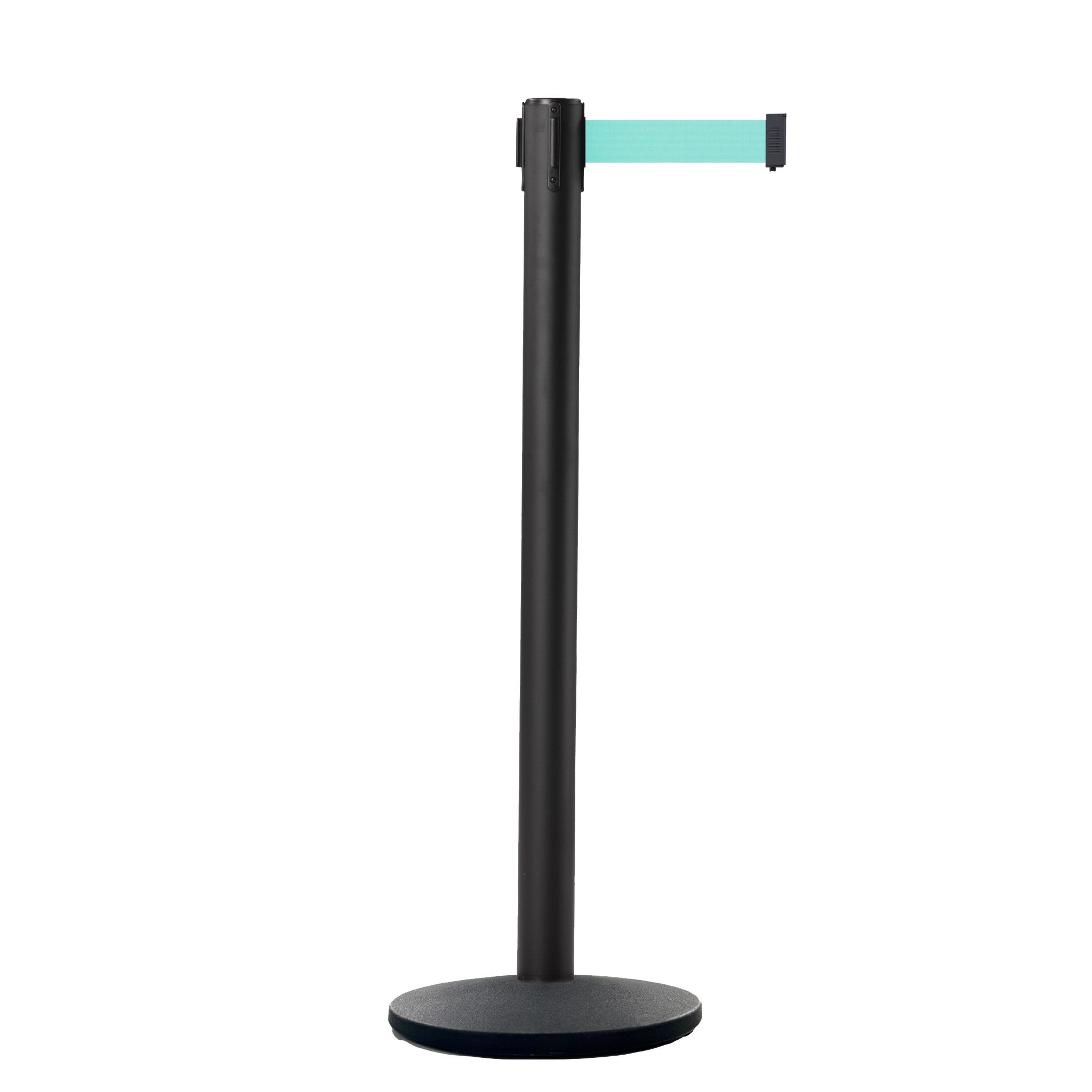 Retractable Belt Barrier Stanchion, Black Post, Cast Iron Base, 7.5 Ft. Belt - Montour Line MI630 - Crowd Control Warehouse