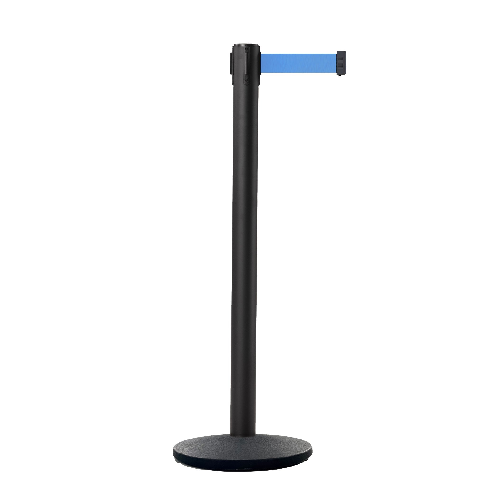 Retractable Belt Barrier Stanchion, Black Post, Cast Iron Base, 7.5 Ft. Belt - Montour Line MI630 - Crowd Control Warehouse