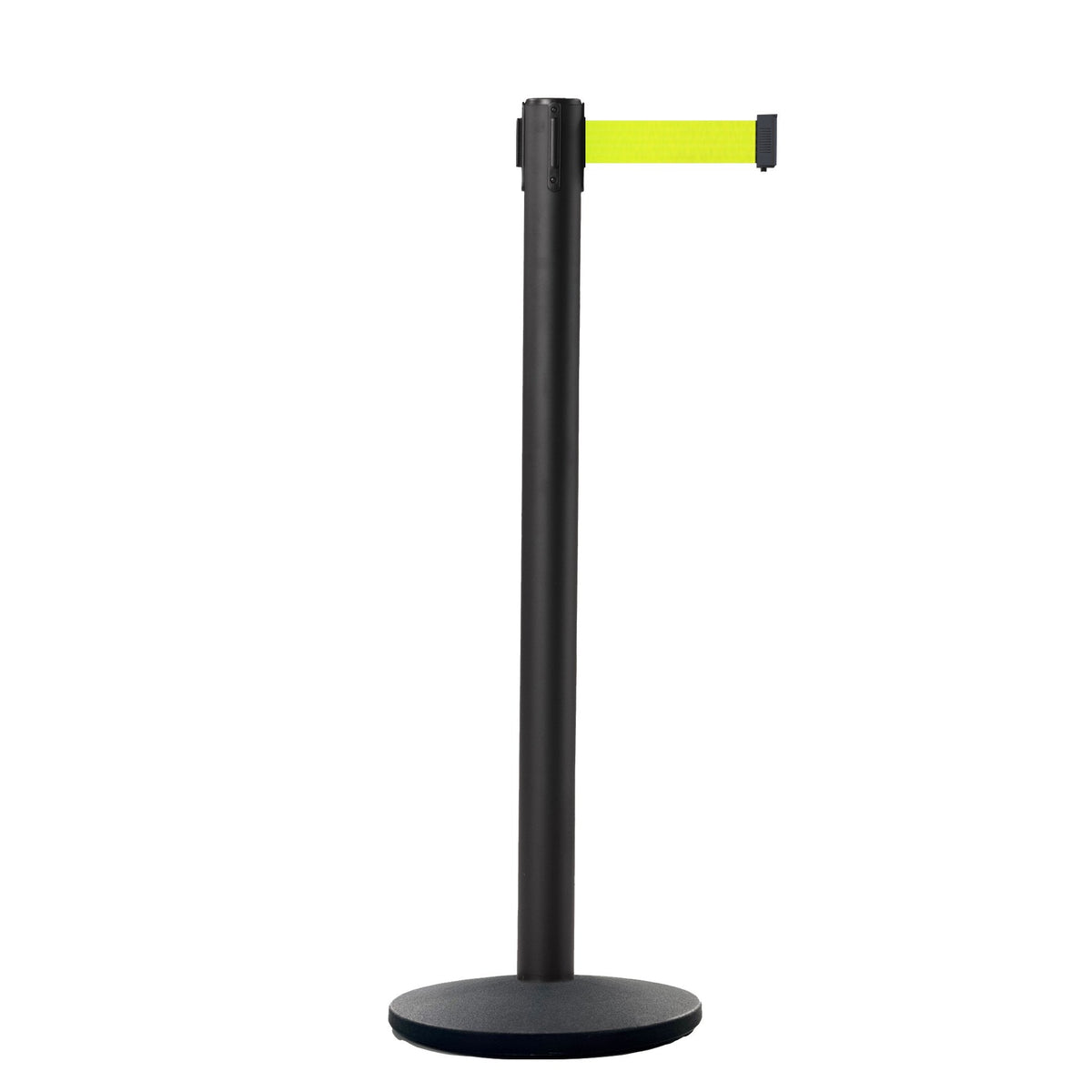 Retractable Belt Barrier Stanchion, Black Post, Cast Iron Base, 7.5 Ft. Belt - Montour Line MI630 - Crowd Control Warehouse