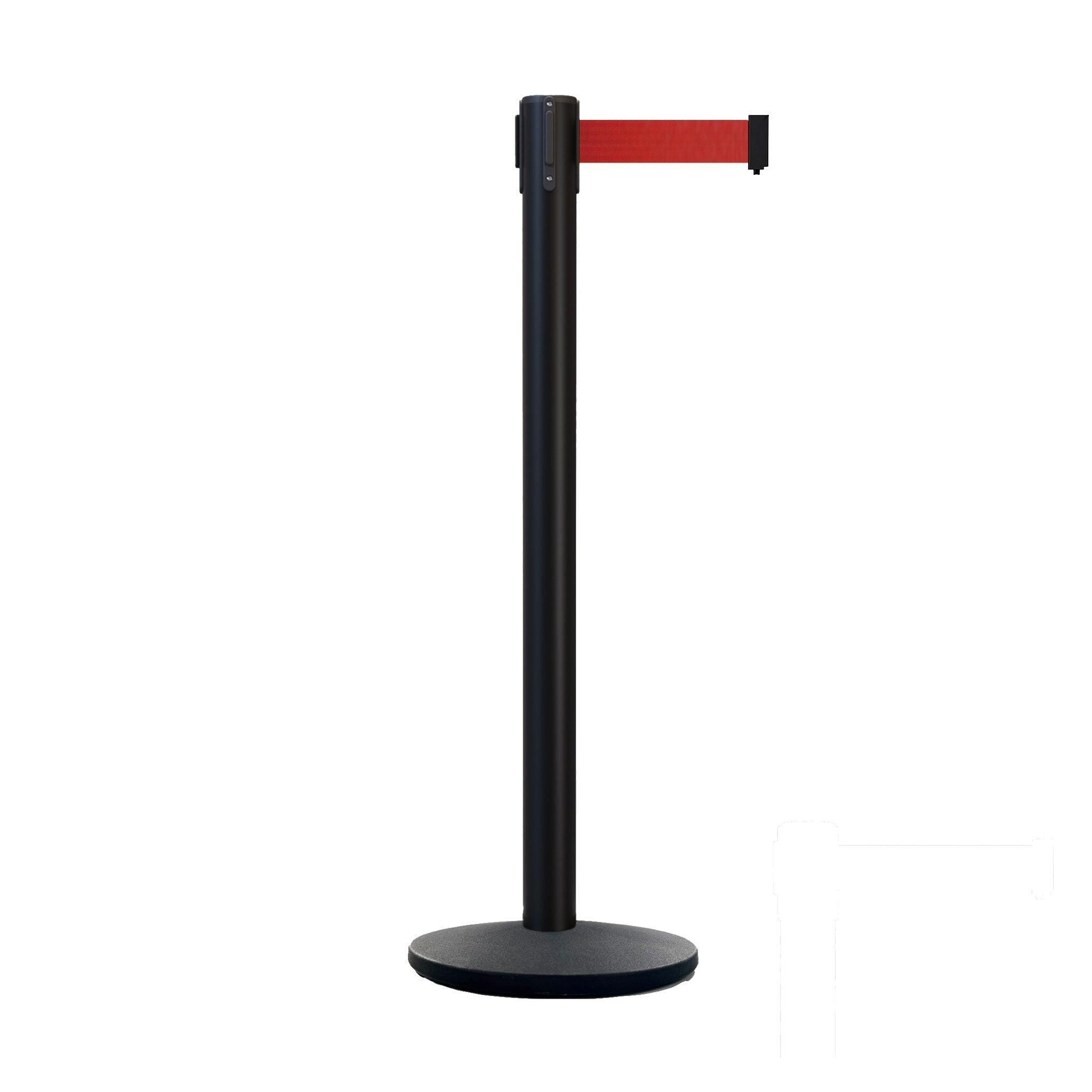 Retractable Belt Barrier Stanchion, Black Post with Heavy Duty Cast Iron Base, 14 ft Belt – Montour Line MI650 - Crowd Control Warehouse