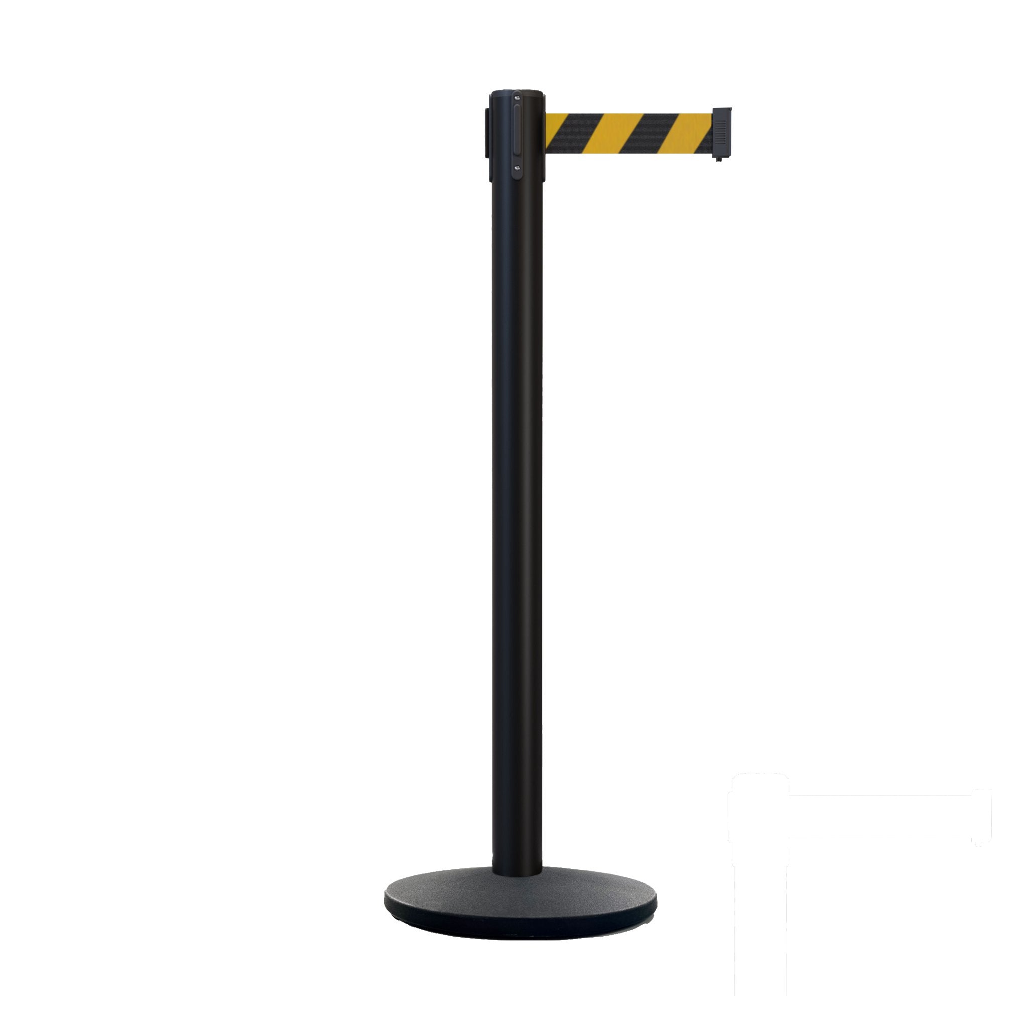 Retractable Belt Barrier Stanchion, Black Post with Heavy Duty Cast Iron Base, 14 ft Belt – Montour Line MI650 - Crowd Control Warehouse