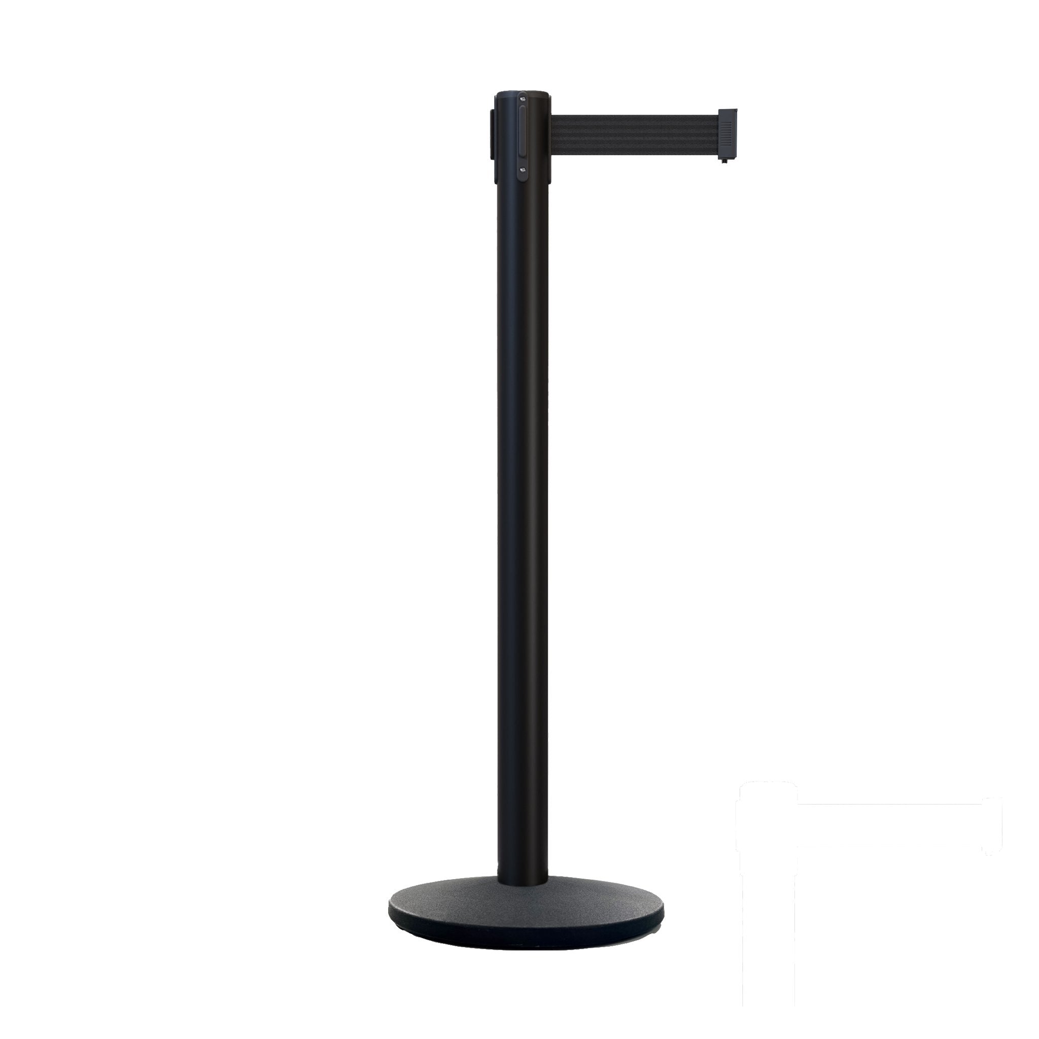 Retractable Belt Barrier Stanchion, Black Post with Heavy Duty Cast Iron Base, 14 ft Belt – Montour Line MI650 - Crowd Control Warehouse