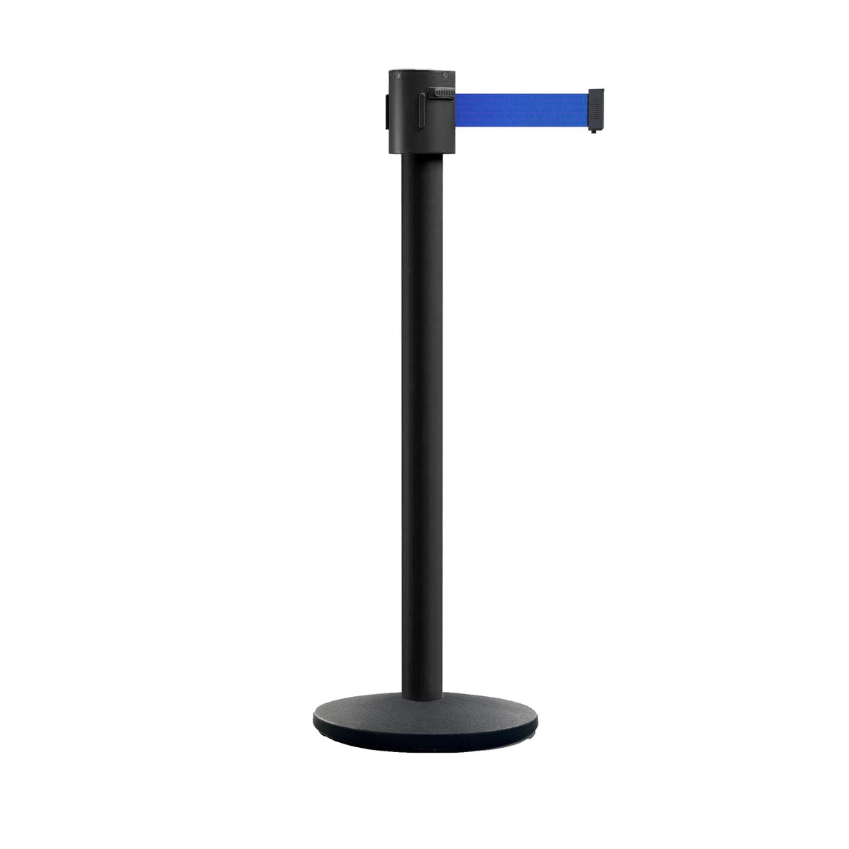 Retractable Belt Barrier Stanchion, Cast Iron Base Base, Black Powder Coated Post, 35 ft Belt - Montour Line MI760 - Crowd Control Warehouse