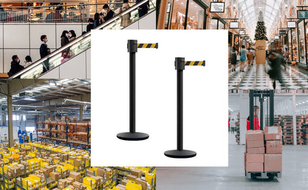 Retractable Belt Barrier Stanchion, Cast Iron Base Base, Black Powder Coated Post, 35 ft Belt - Montour Line MI760 - Crowd Control Warehouse