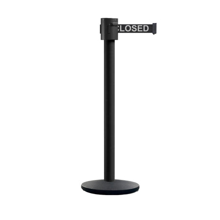 Retractable Belt Barrier Stanchion, Cast Iron Base Base, Black Powder Coated Post, 35 ft Belt - Montour Line MI760 - Crowd Control Warehouse