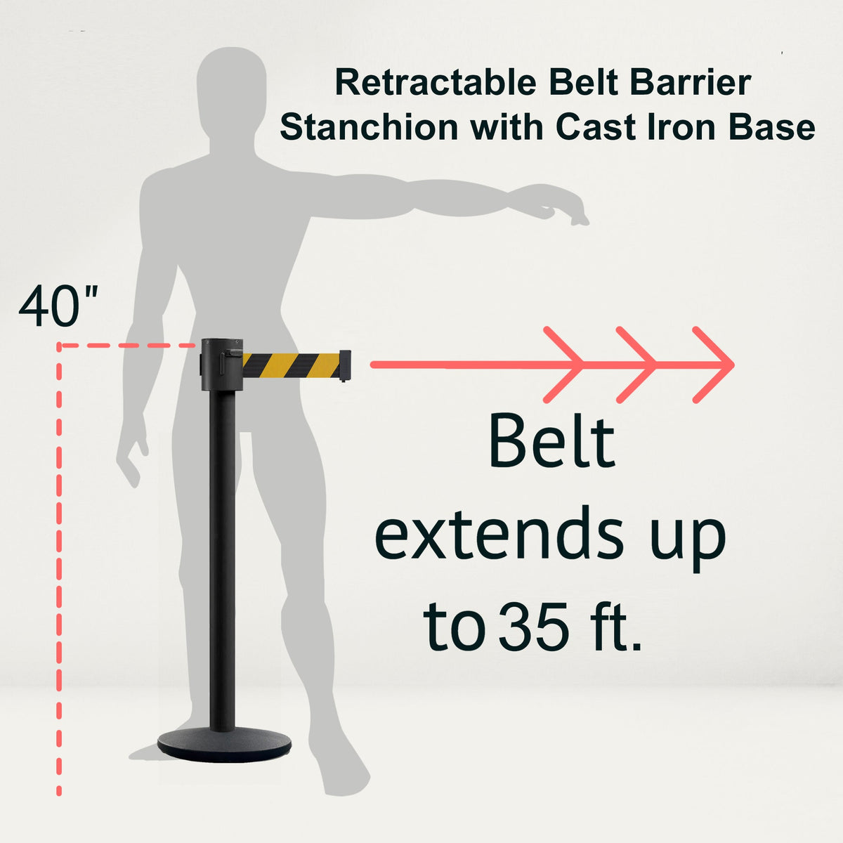 Retractable Belt Barrier Stanchion, Cast Iron Base Base, Black Powder Coated Post, 35 ft Belt - Montour Line MI760 - Crowd Control Warehouse