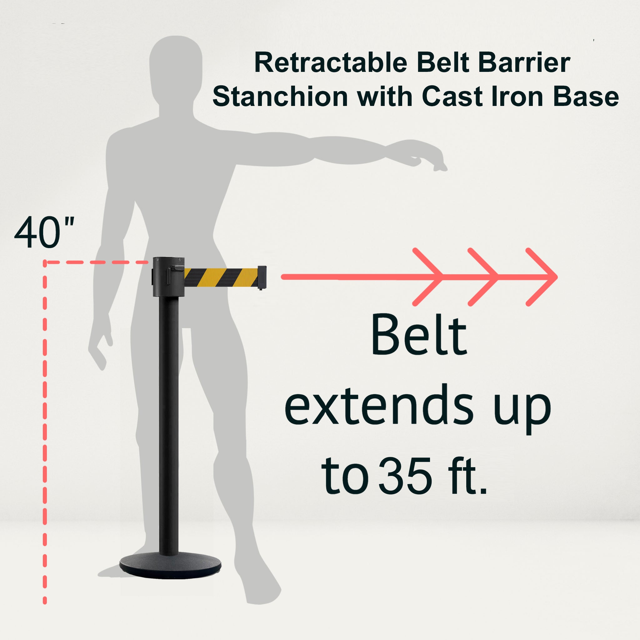 Retractable Belt Barrier Stanchion, Cast Iron Base Base, Black Powder Coated Post, 35 ft Belt - Montour Line MI760 - Crowd Control Warehouse