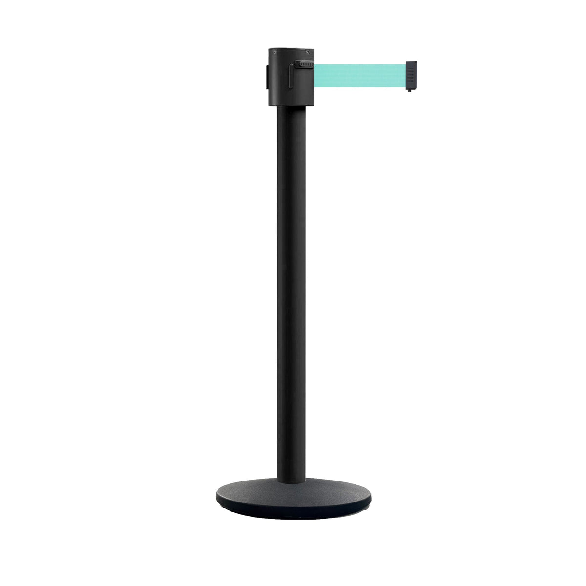 Retractable Belt Barrier Stanchion, Cast Iron Base Base, Black Powder Coated Post, 35 ft Belt - Montour Line MI760 - Crowd Control Warehouse