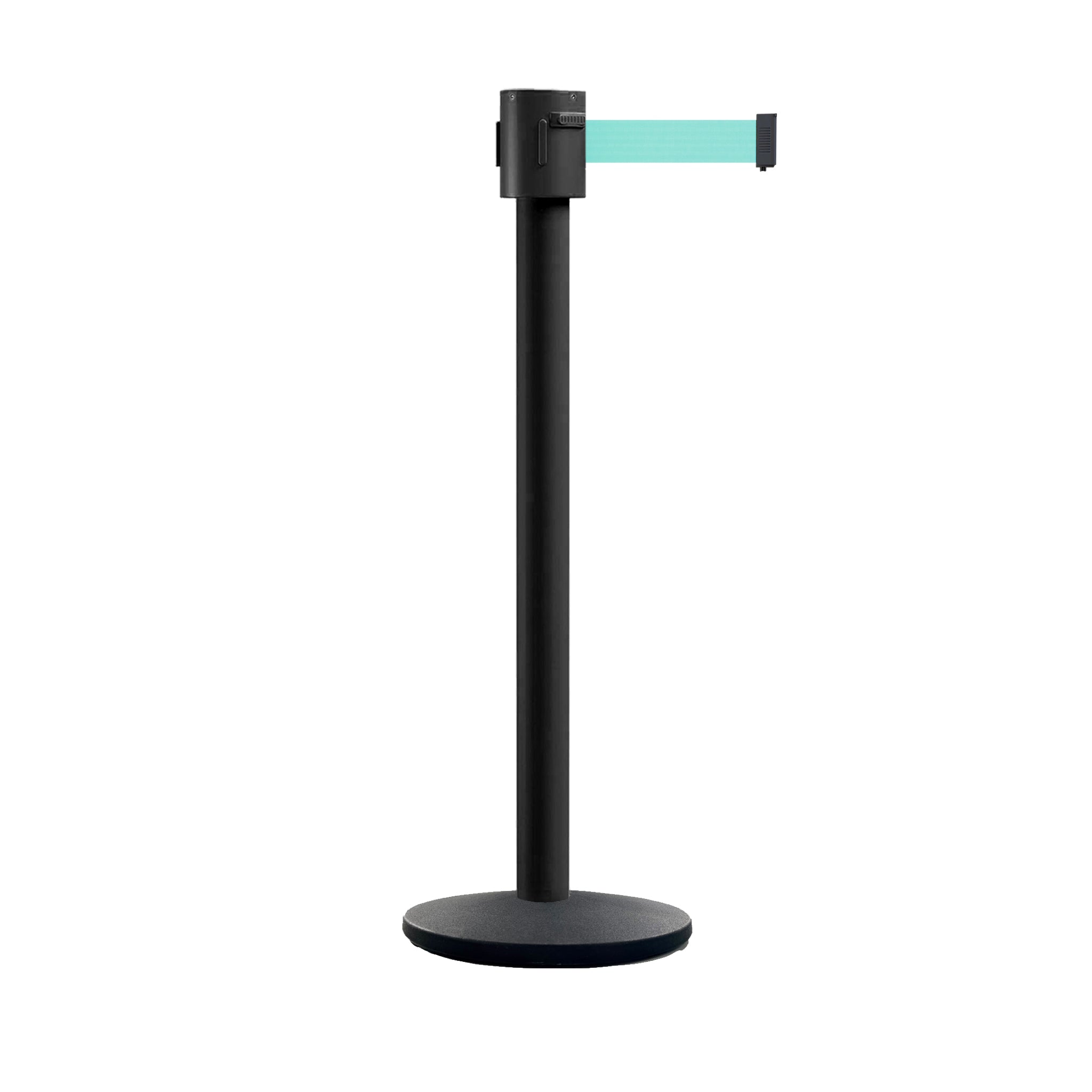 Retractable Belt Barrier Stanchion, Cast Iron Base Base, Black Powder Coated Post, 35 ft Belt - Montour Line MI760 - Crowd Control Warehouse