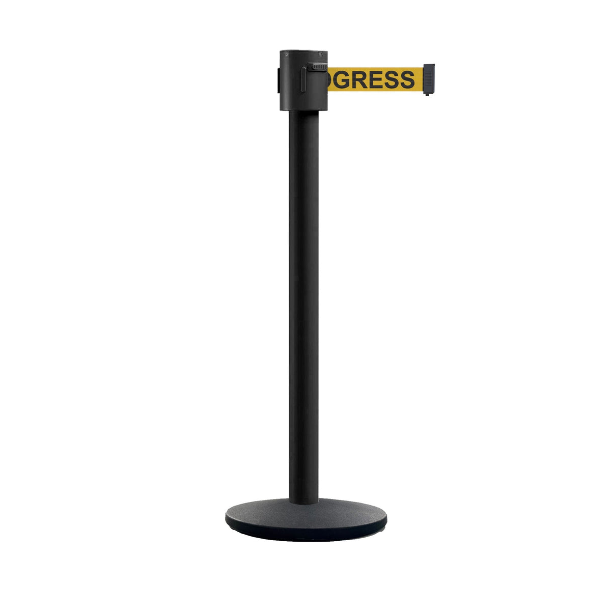 Retractable Belt Barrier Stanchion, Cast Iron Base Base, Black Powder Coated Post, 35 ft Belt - Montour Line MI760 - Crowd Control Warehouse