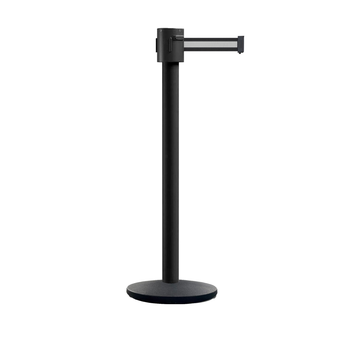Retractable Belt Barrier Stanchion, Cast Iron Base Base, Black Powder Coated Post, 35 ft Belt - Montour Line MI760 - Crowd Control Warehouse