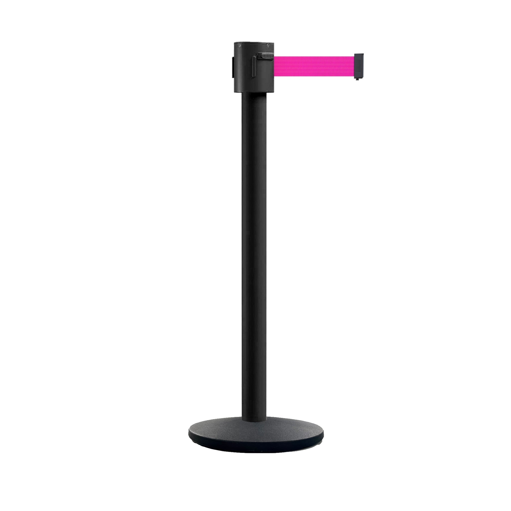 Retractable Belt Barrier Stanchion, Cast Iron Base Base, Black Powder Coated Post, 35 ft Belt - Montour Line MI760 - Crowd Control Warehouse