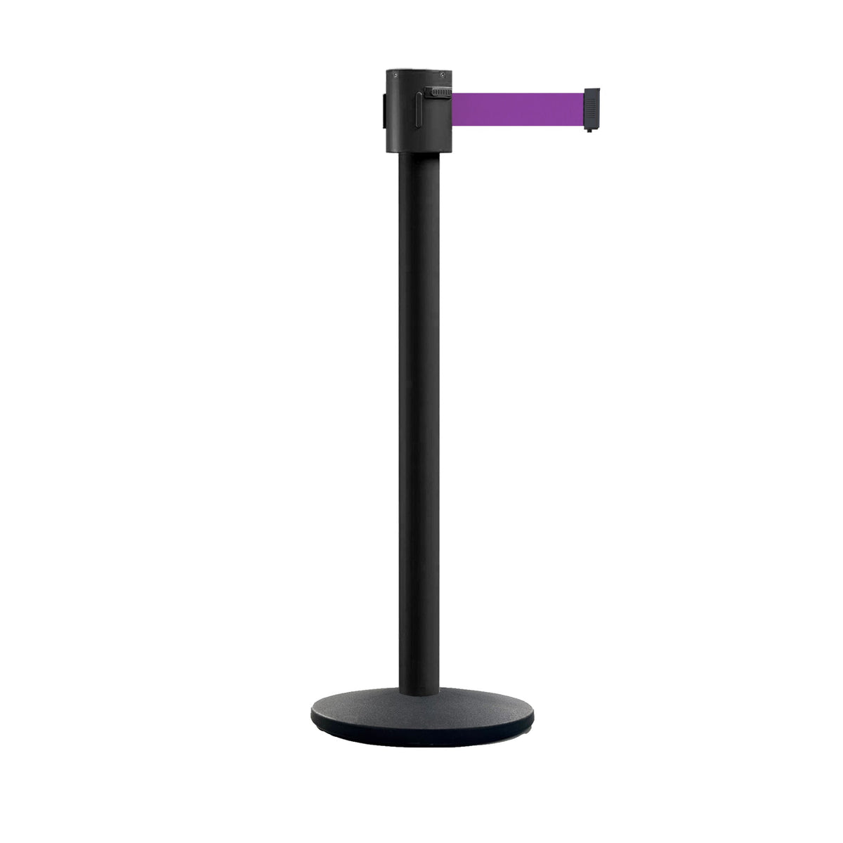 Retractable Belt Barrier Stanchion, Cast Iron Base Base, Black Powder Coated Post, 35 ft Belt - Montour Line MI760 - Crowd Control Warehouse