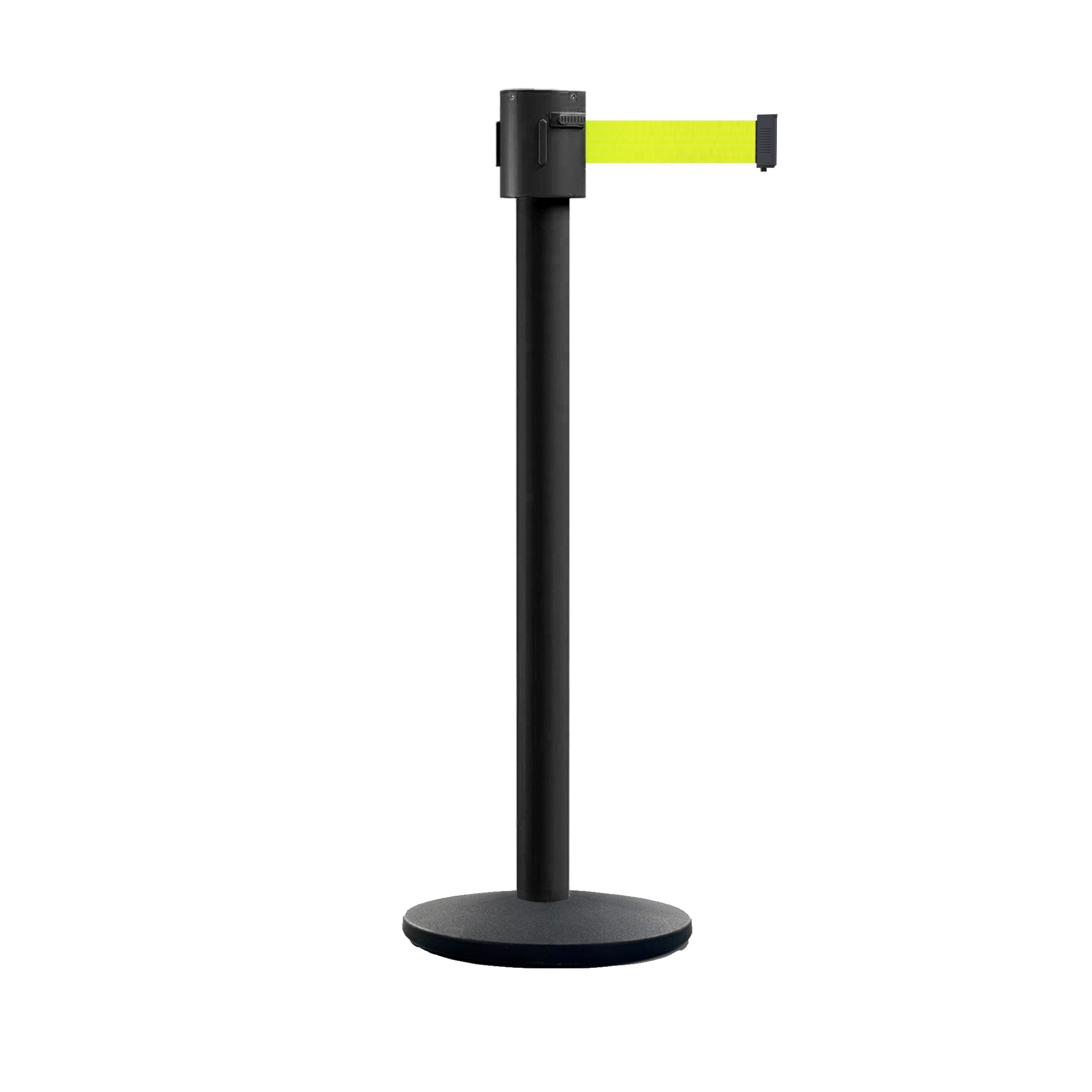 Retractable Belt Barrier Stanchion, Cast Iron Base Base, Black Powder Coated Post, 35 ft Belt - Montour Line MI760 - Crowd Control Warehouse