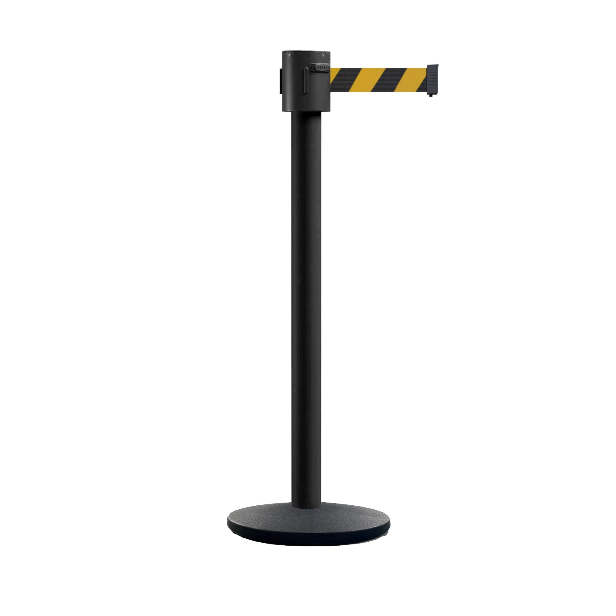 Retractable Belt Barrier Stanchion, Cast Iron Base Base, Black Powder Coated Post, 35 ft Belt - Montour Line MI760 - Crowd Control Warehouse
