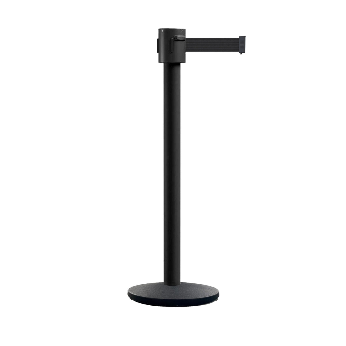 Retractable Belt Barrier Stanchion, Cast Iron Base Base, Black Powder Coated Post, 35 ft Belt - Montour Line MI760 - Crowd Control Warehouse