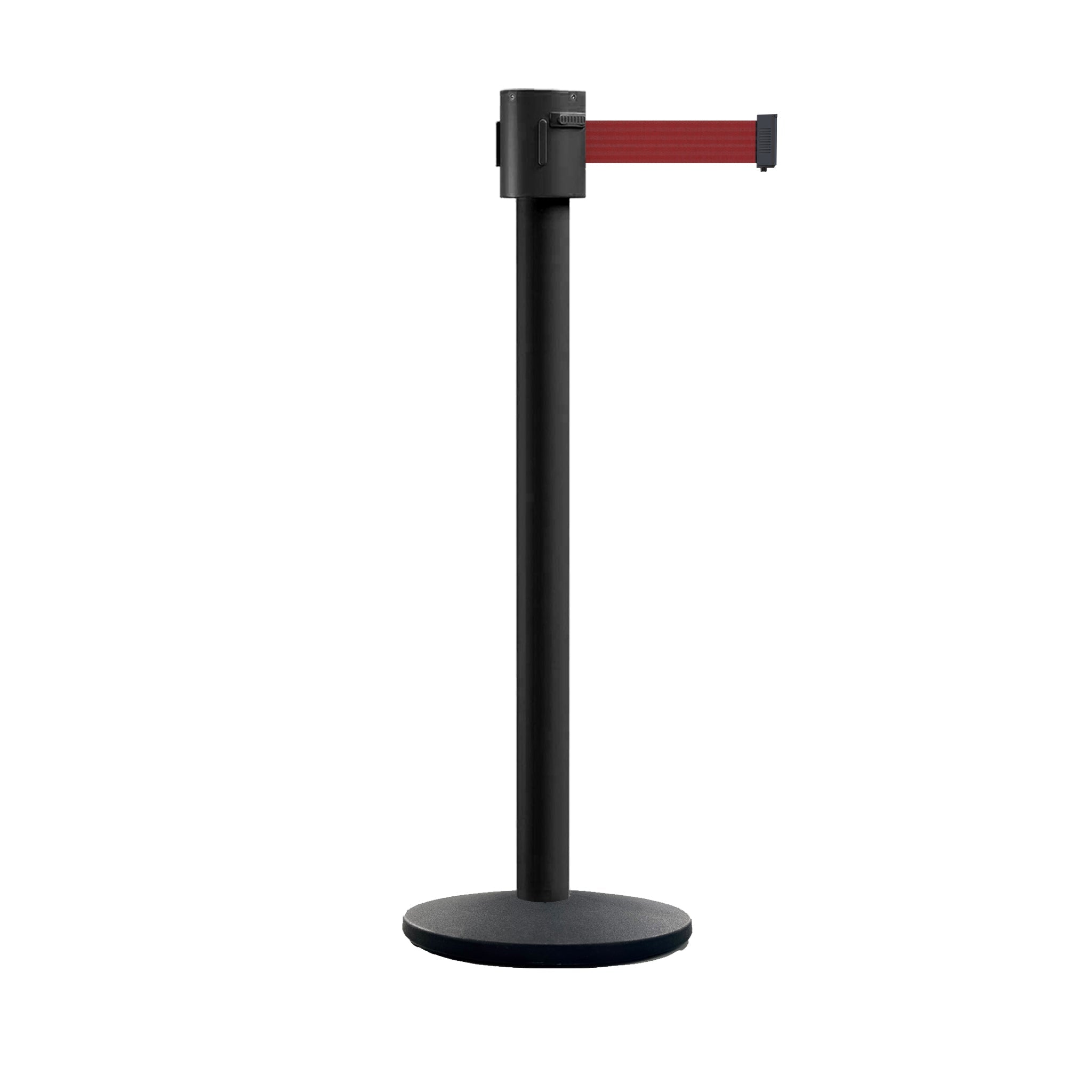 Retractable Belt Barrier Stanchion, Cast Iron Base Base, Black Powder Coated Post, 35 ft Belt - Montour Line MI760 - Crowd Control Warehouse