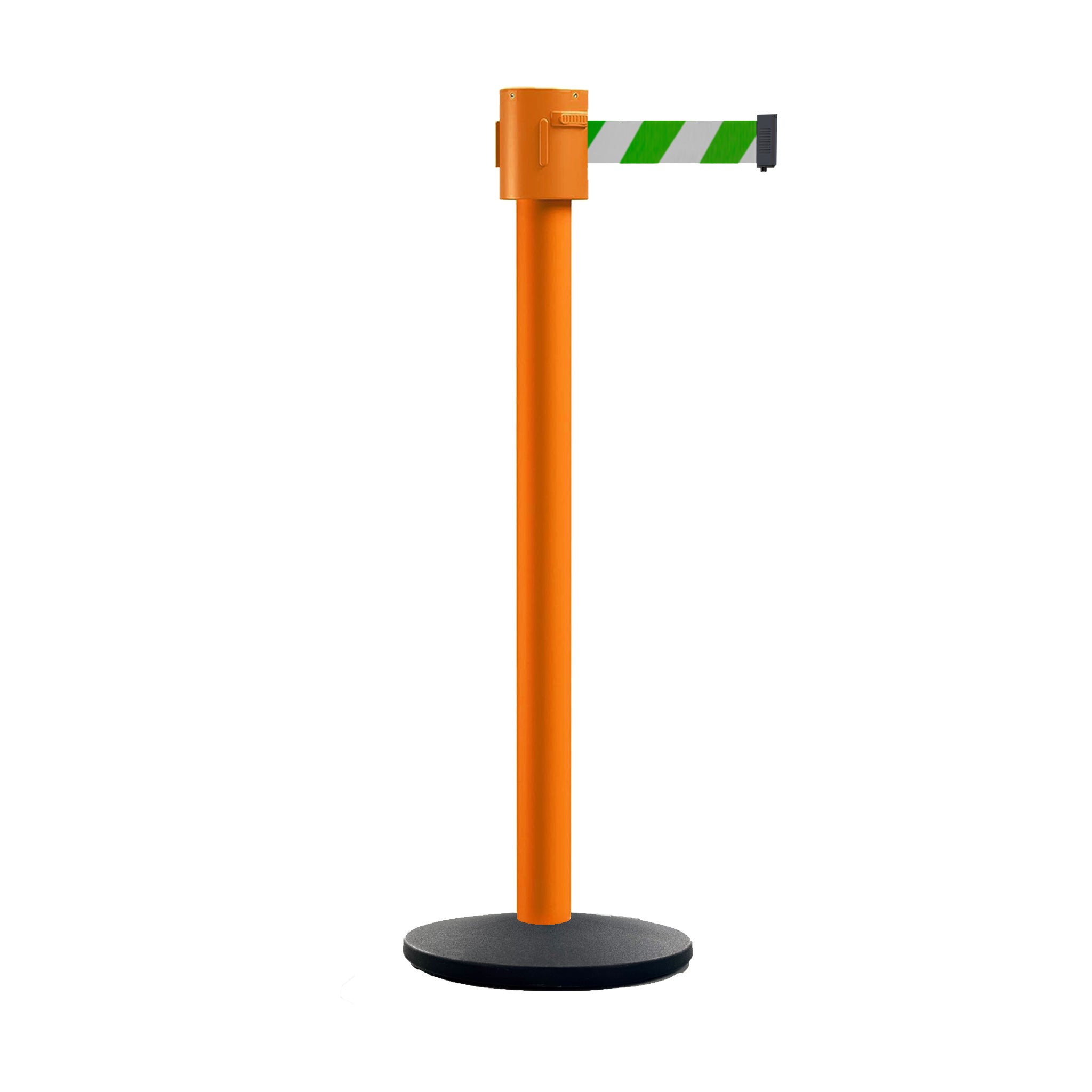 Retractable Belt Barrier Stanchion, Cast Iron Base Base, Orange Post, 35 ft Belt - Montour Line MSI760 - Crowd Control Warehouse