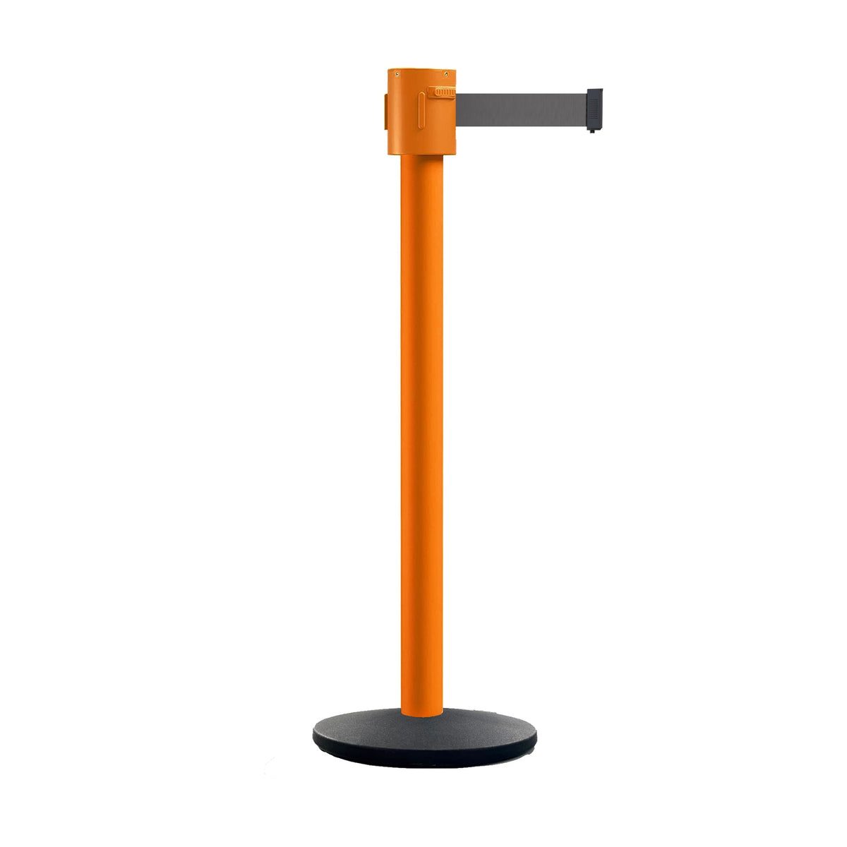 Retractable Belt Barrier Stanchion, Cast Iron Base Base, Orange Post, 35 ft Belt - Montour Line MSI760 - Crowd Control Warehouse