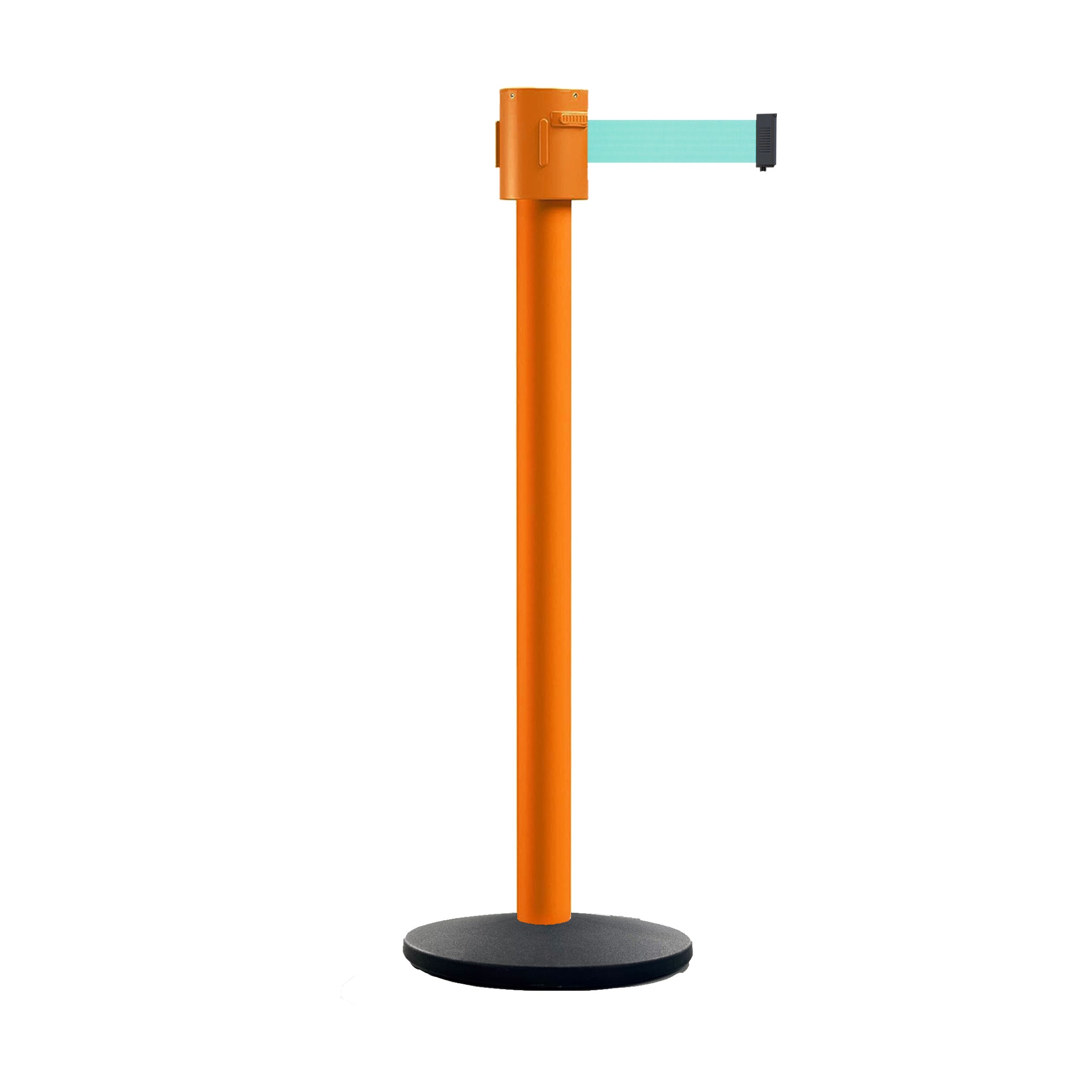 Retractable Belt Barrier Stanchion, Cast Iron Base Base, Orange Post, 35 ft Belt - Montour Line MSI760 - Crowd Control Warehouse