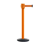 Retractable Belt Barrier Stanchion, Cast Iron Base Base, Orange Post, 35 ft Belt - Montour Line MSI760 - Crowd Control Warehouse