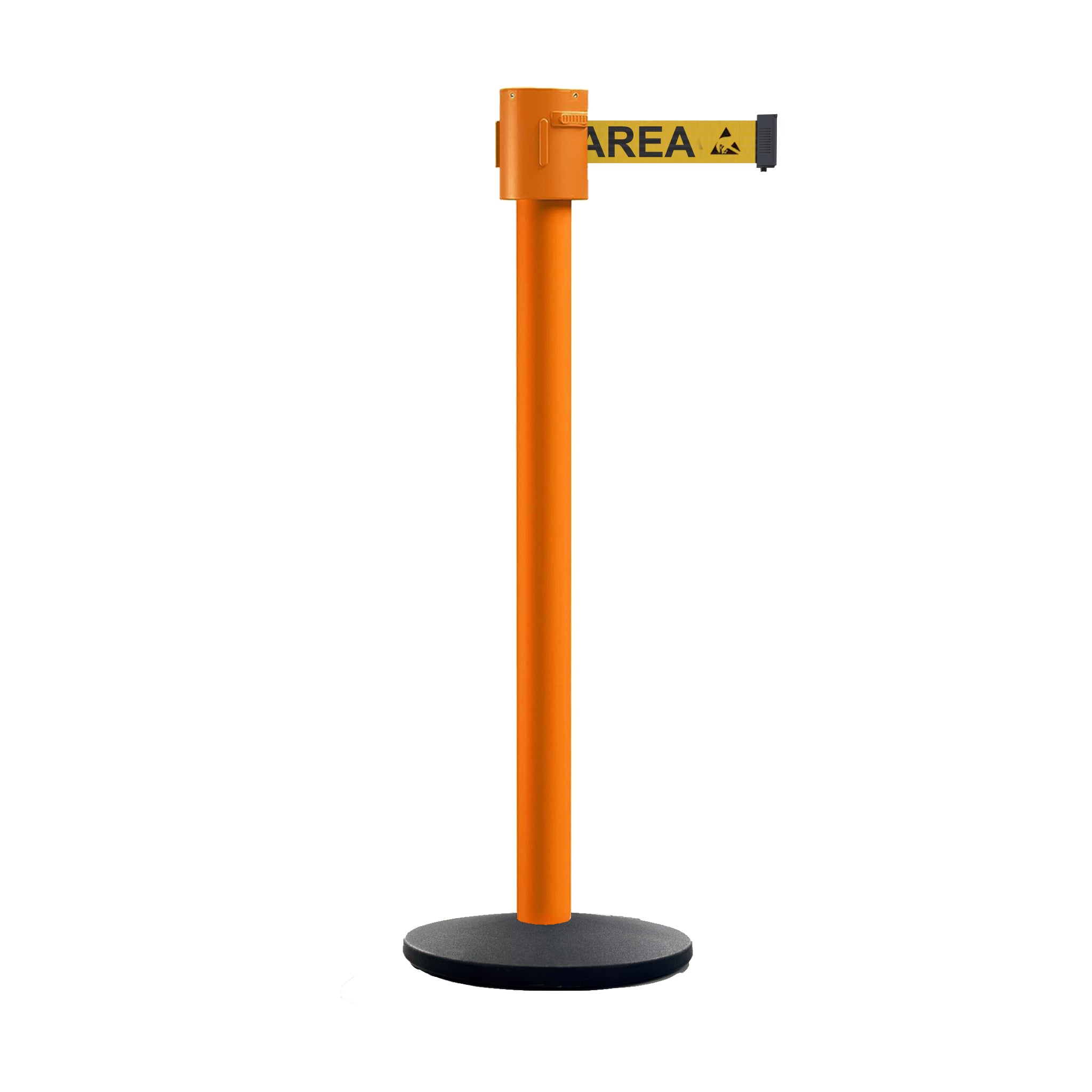 Retractable Belt Barrier Stanchion, Cast Iron Base Base, Orange Post, 35 ft Belt - Montour Line MSI760 - Crowd Control Warehouse