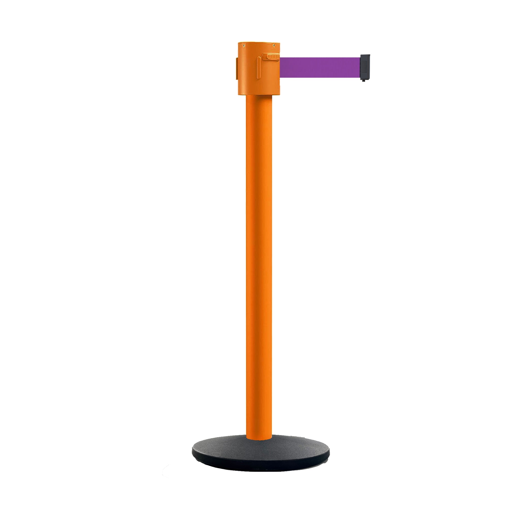 Retractable Belt Barrier Stanchion, Cast Iron Base Base, Orange Post, 35 ft Belt - Montour Line MSI760 - Crowd Control Warehouse