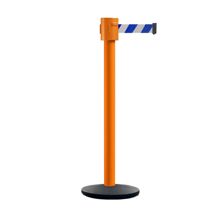 Retractable Belt Barrier Stanchion, Cast Iron Base Base, Orange Post, 35 ft Belt - Montour Line MSI760 - Crowd Control Warehouse