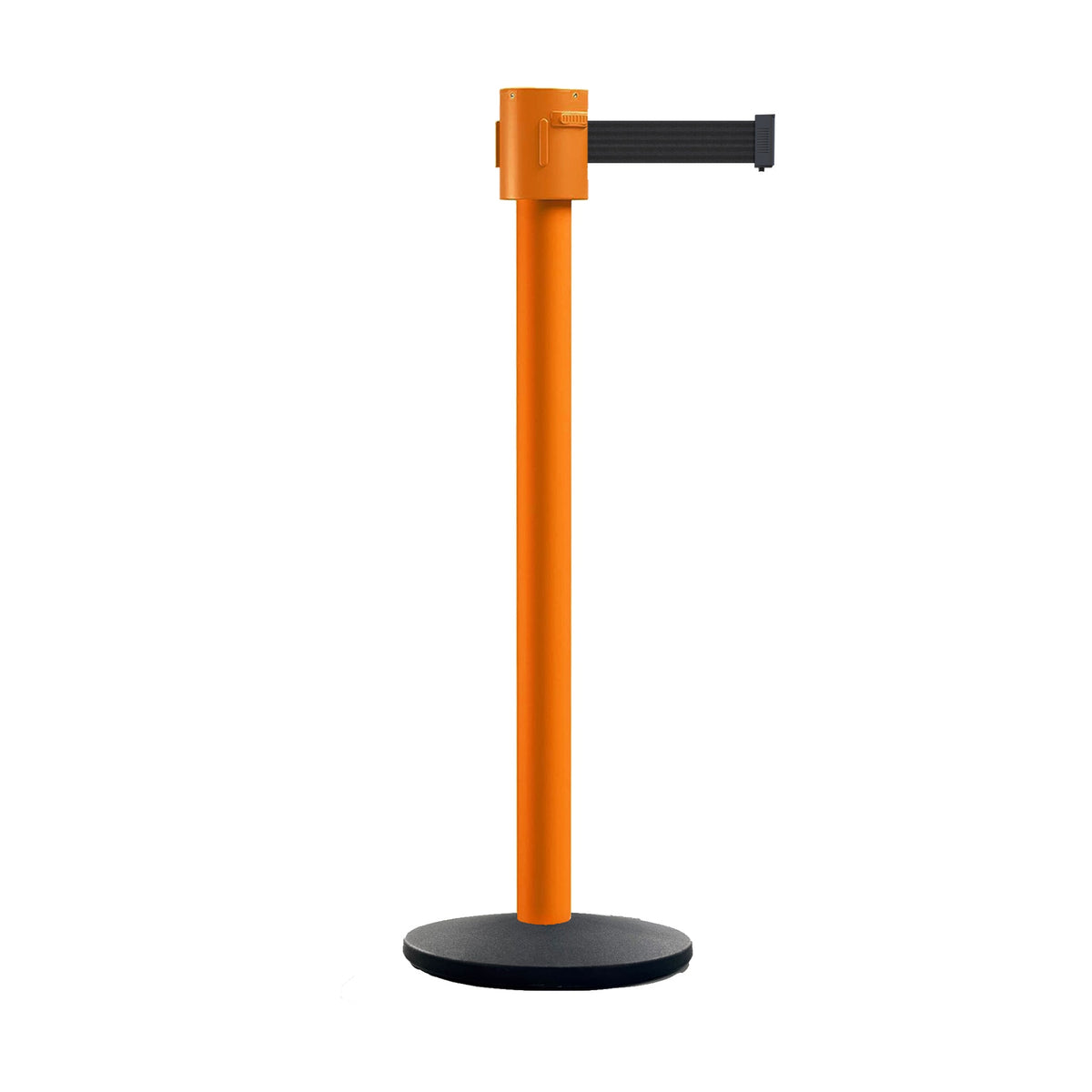 Retractable Belt Barrier Stanchion, Cast Iron Base Base, Orange Post, 35 ft Belt - Montour Line MSI760 - Crowd Control Warehouse