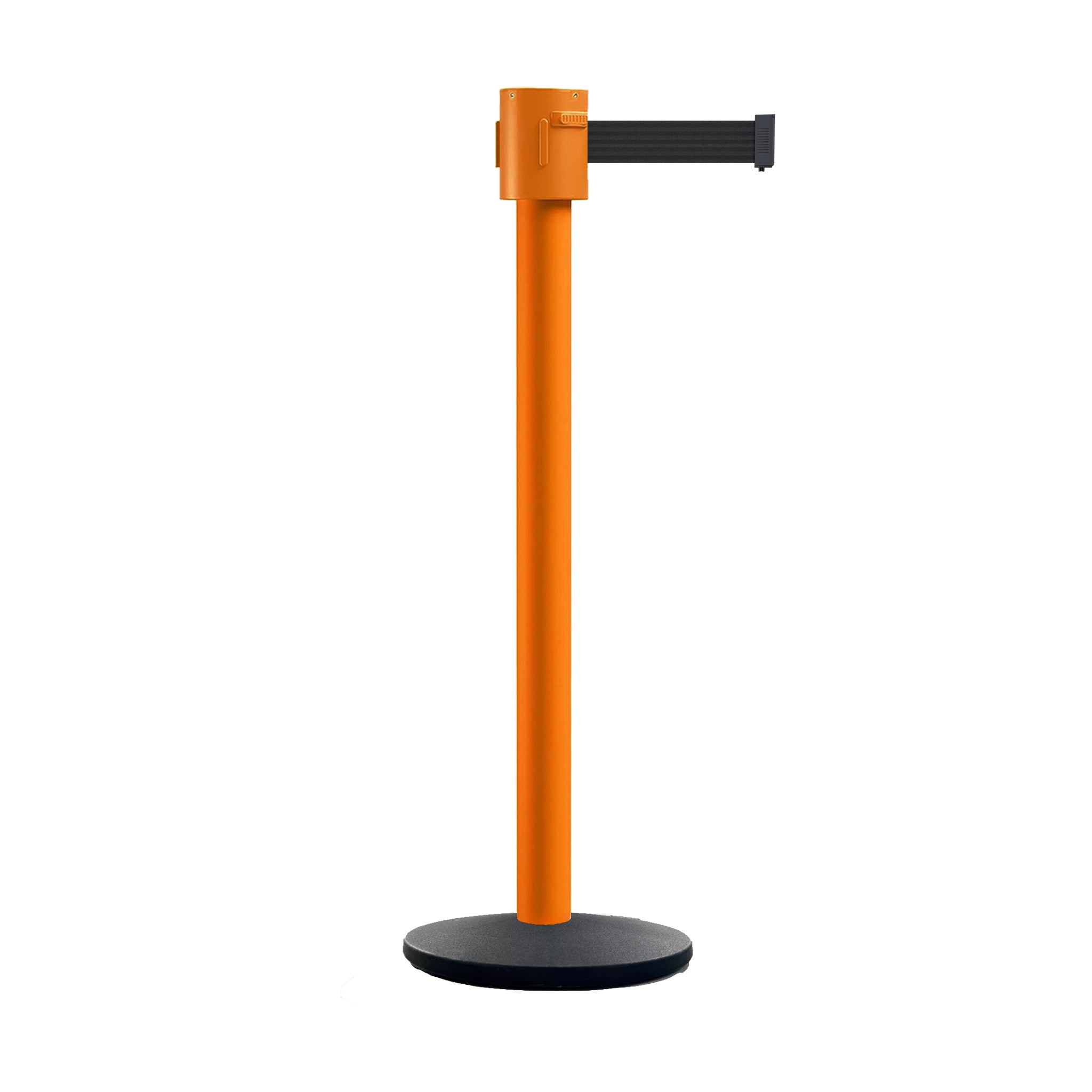 Retractable Belt Barrier Stanchion, Cast Iron Base Base, Orange Post, 35 ft Belt - Montour Line MSI760 - Crowd Control Warehouse