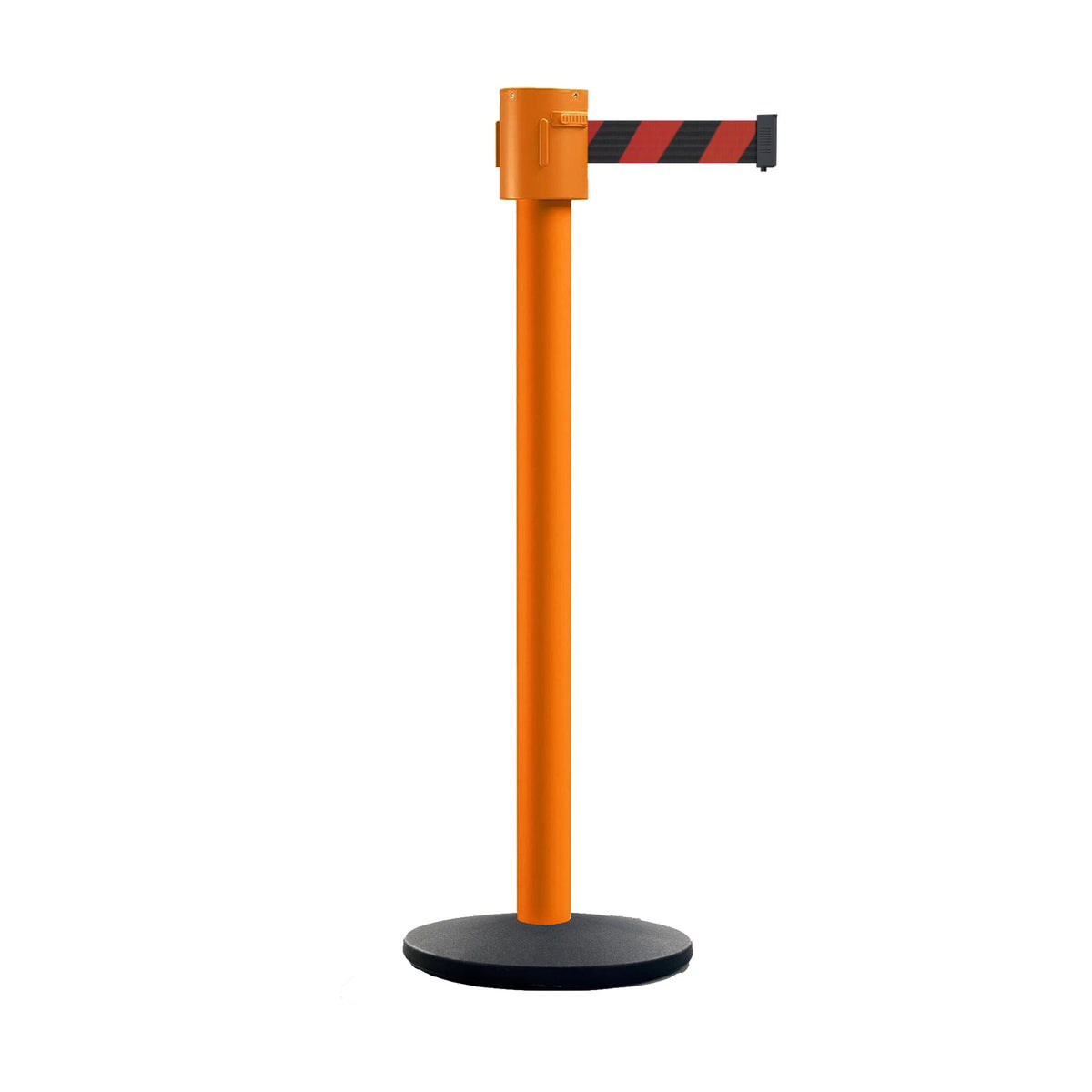 Retractable Belt Barrier Stanchion, Cast Iron Base Base, Orange Post, 35 ft Belt - Montour Line MSI760 - Crowd Control Warehouse