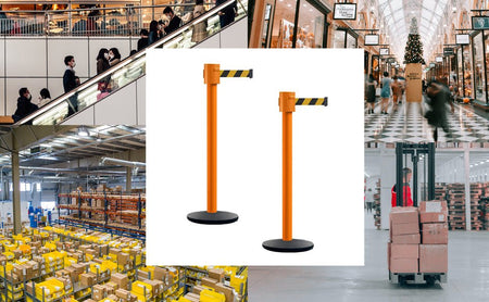 Retractable Belt Barrier Stanchion, Cast Iron Base Base, Orange Post, 35 ft Belt - Montour Line MSI760 - Crowd Control Warehouse