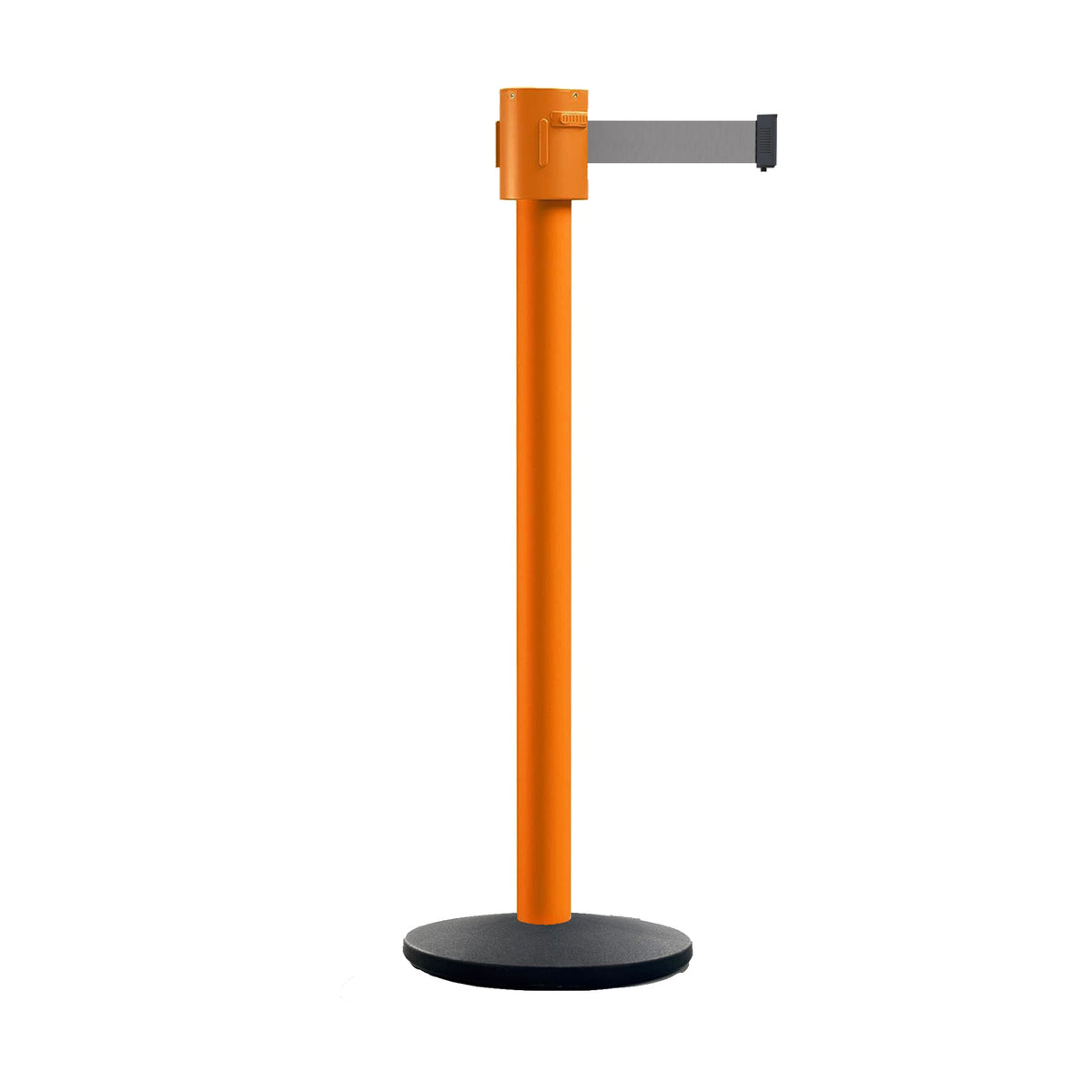Retractable Belt Barrier Stanchion, Cast Iron Base Base, Orange Post, 35 ft Belt - Montour Line MSI760 - Crowd Control Warehouse