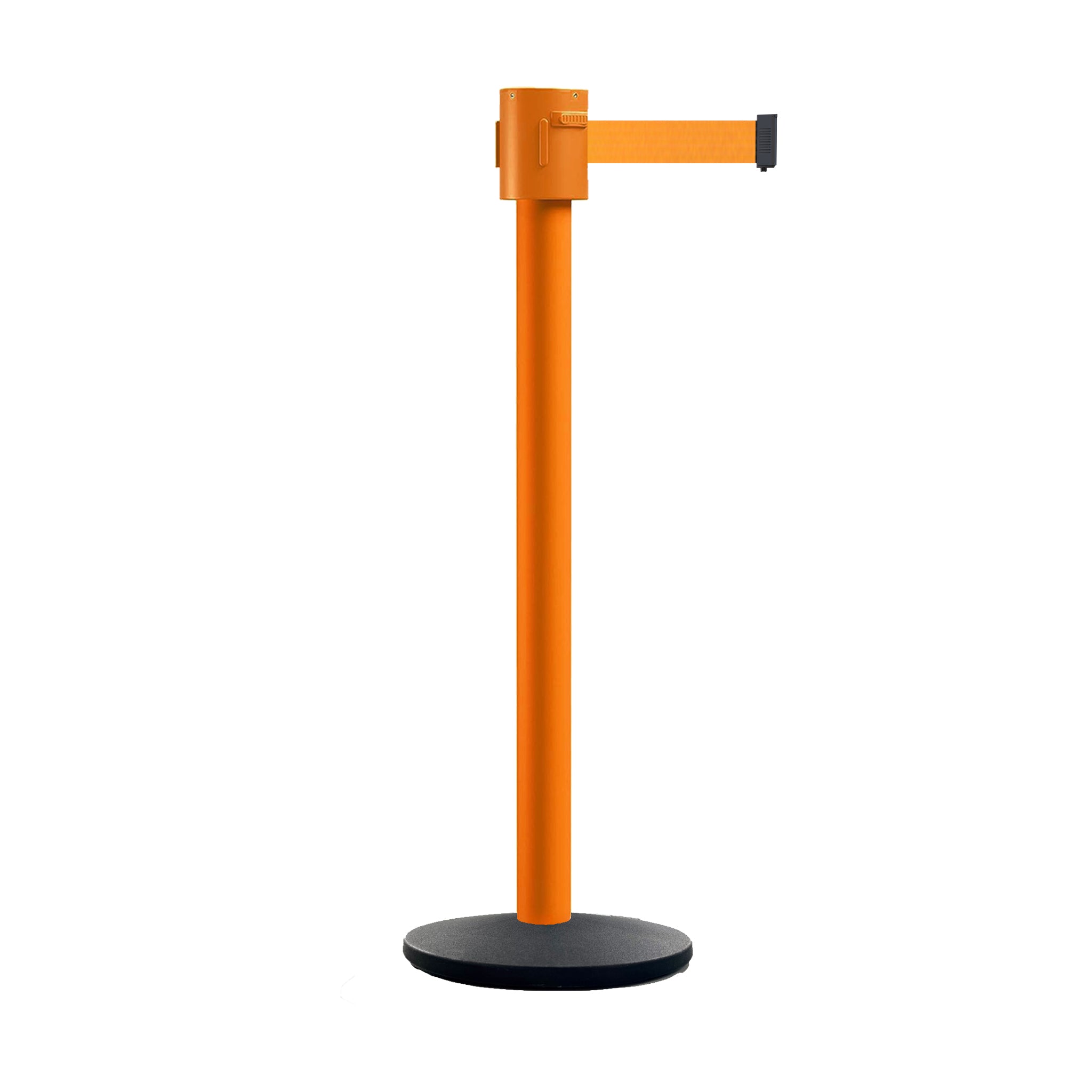 Retractable Belt Barrier Stanchion, Cast Iron Base Base, Orange Post, 35 ft Belt - Montour Line MSI760 - Crowd Control Warehouse