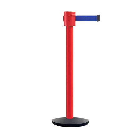 Retractable Belt Barrier Stanchion, Cast Iron Base Base, Red Post, 35 ft Belt - Montour Line MSI760 - Crowd Control Warehouse