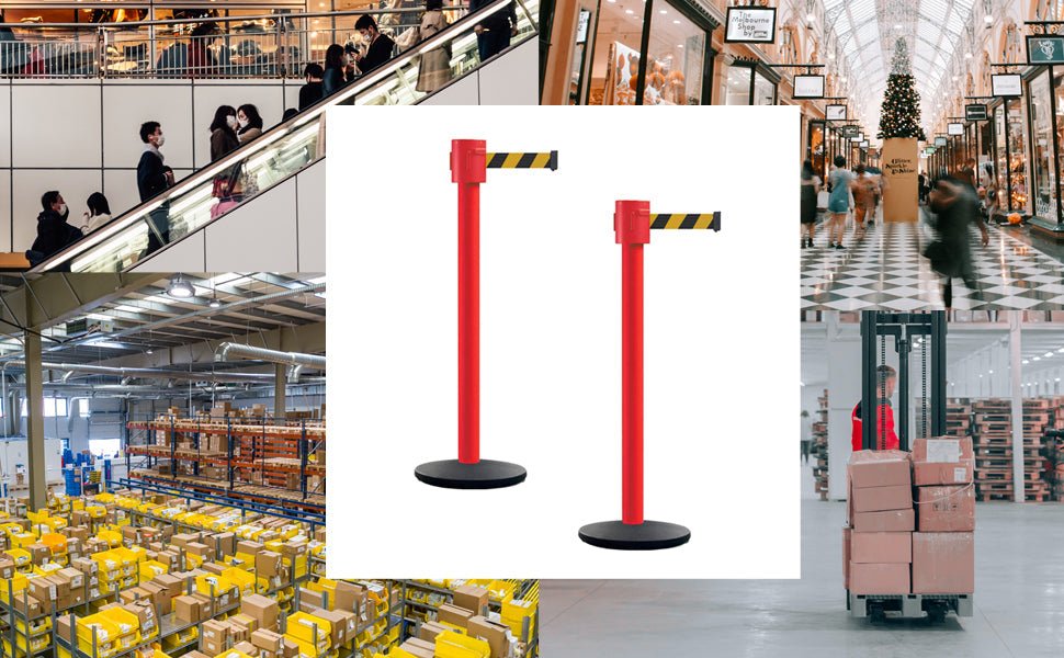 Retractable Belt Barrier Stanchion, Cast Iron Base Base, Red Post, 35 ft Belt - Montour Line MSI760 - Crowd Control Warehouse