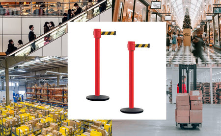 Retractable Belt Barrier Stanchion, Cast Iron Base Base, Red Post, 35 ft Belt - Montour Line MSI760 - Crowd Control Warehouse