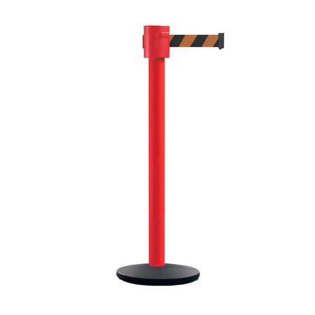 Retractable Belt Barrier Stanchion, Cast Iron Base Base, Red Post, 35 ft Belt - Montour Line MSI760 - Crowd Control Warehouse