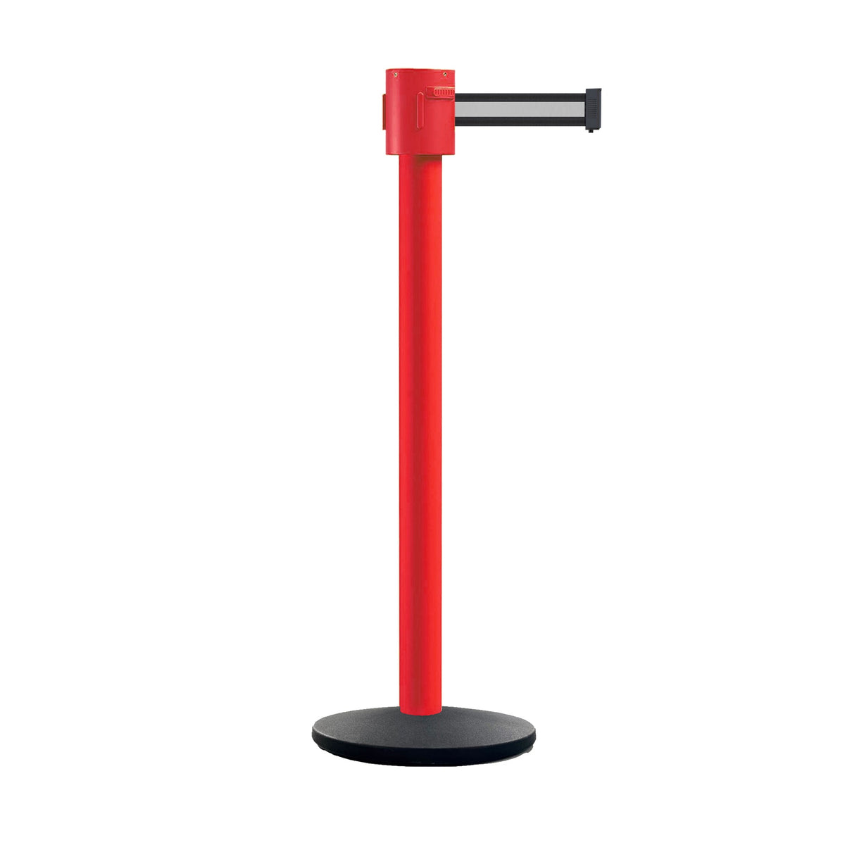 Retractable Belt Barrier Stanchion, Cast Iron Base Base, Red Post, 35 ft Belt - Montour Line MSI760 - Crowd Control Warehouse