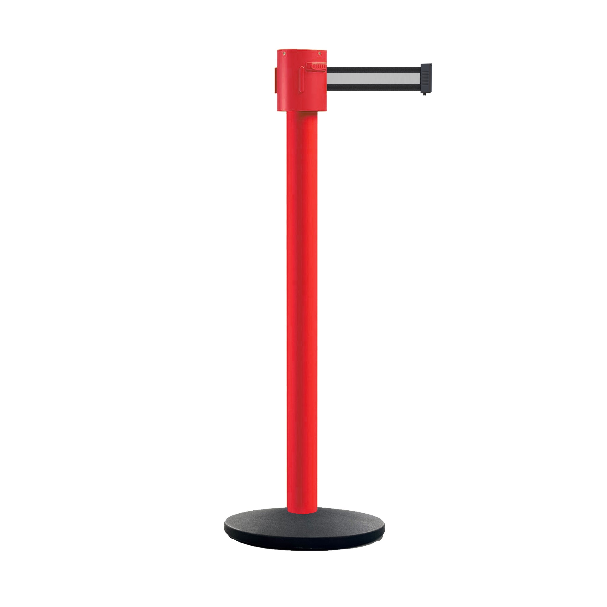Retractable Belt Barrier Stanchion, Cast Iron Base Base, Red Post, 35 ft Belt - Montour Line MSI760 - Crowd Control Warehouse