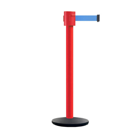 Retractable Belt Barrier Stanchion, Cast Iron Base Base, Red Post, 35 ft Belt - Montour Line MSI760 - Crowd Control Warehouse