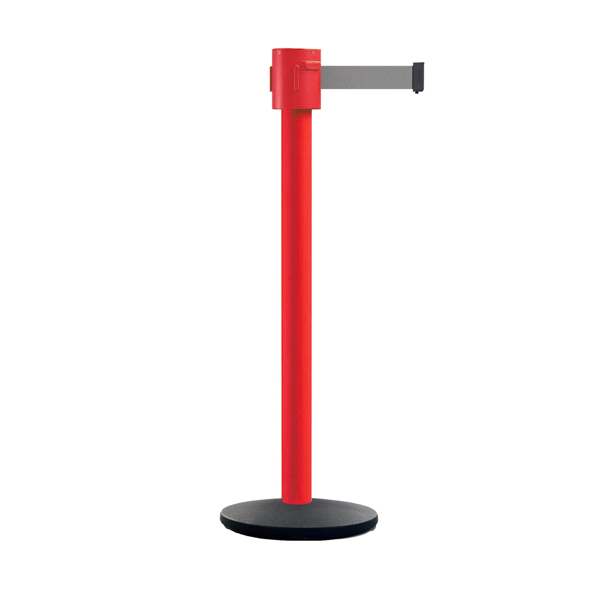 Retractable Belt Barrier Stanchion, Cast Iron Base Base, Red Post, 35 ft Belt - Montour Line MSI760 - Crowd Control Warehouse