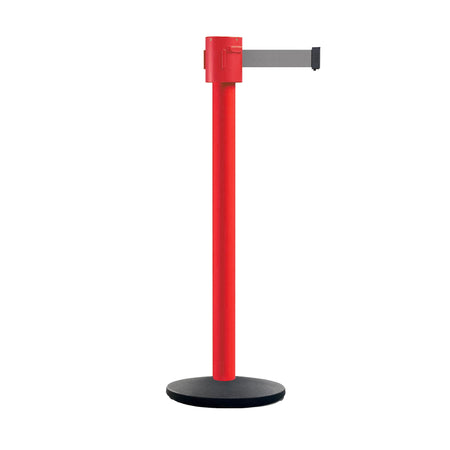 Retractable Belt Barrier Stanchion, Cast Iron Base Base, Red Post, 35 ft Belt - Montour Line MSI760 - Crowd Control Warehouse