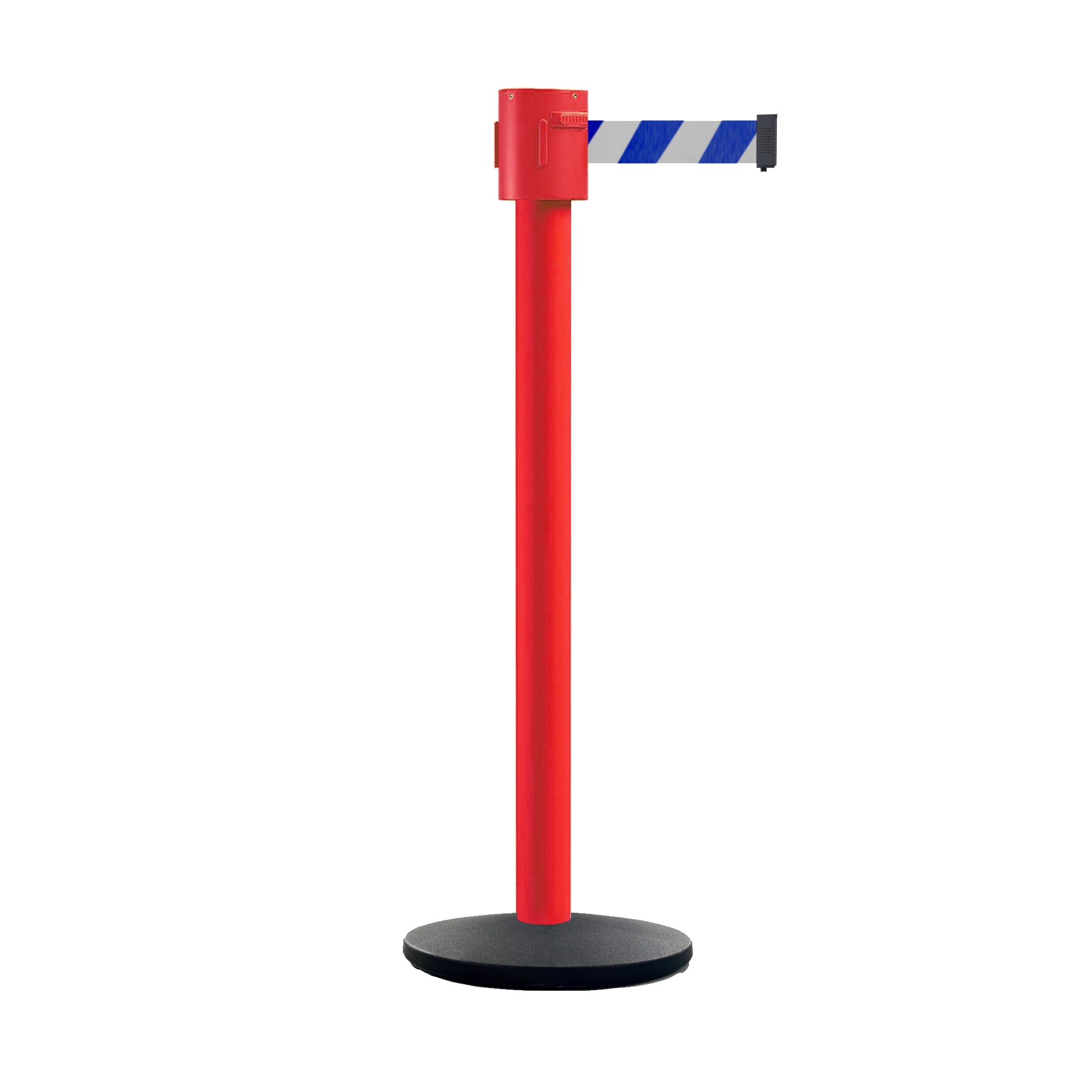 Retractable Belt Barrier Stanchion, Cast Iron Base Base, Red Post, 35 ft Belt - Montour Line MSI760 - Crowd Control Warehouse