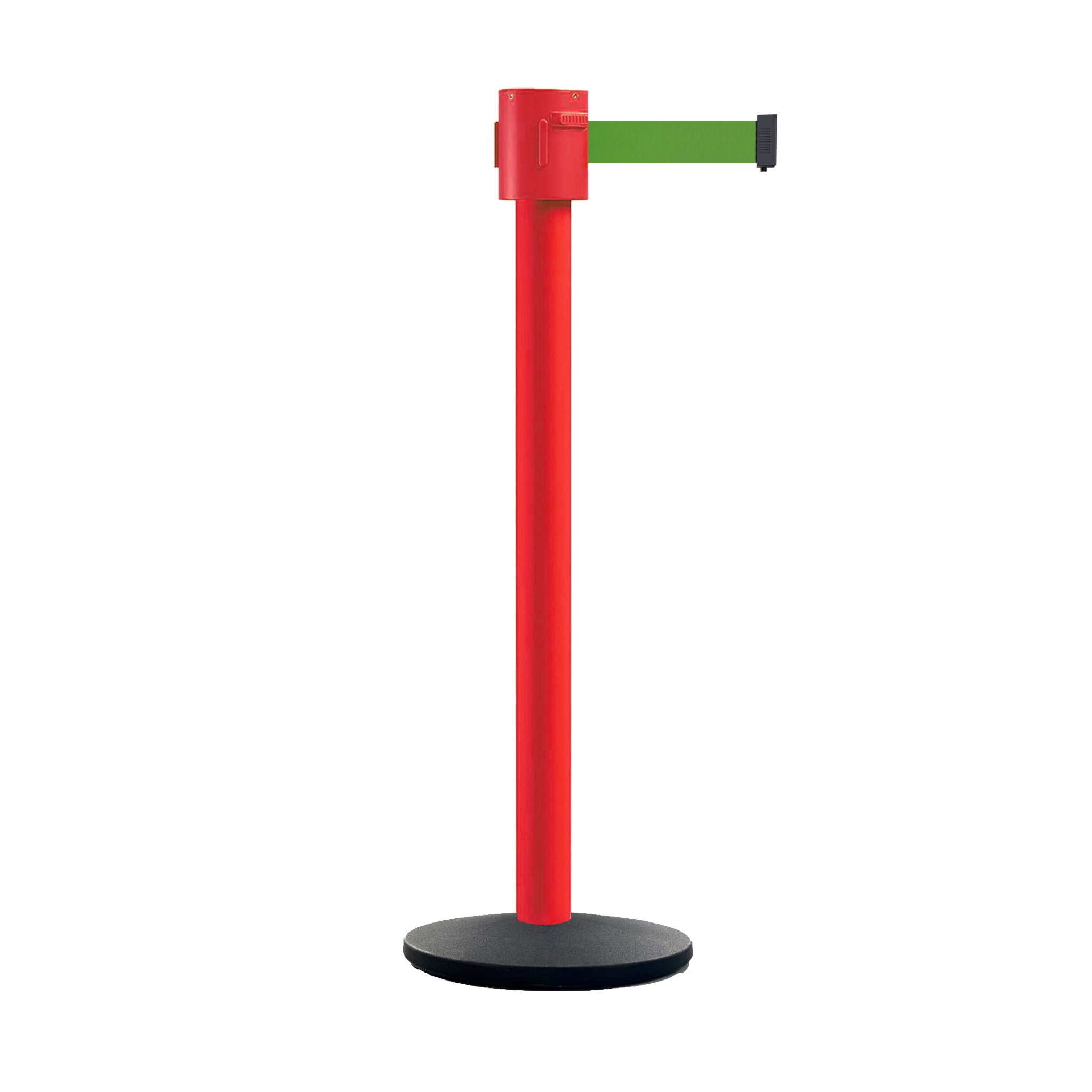 Retractable Belt Barrier Stanchion, Cast Iron Base Base, Red Post, 35 ft Belt - Montour Line MSI760 - Crowd Control Warehouse