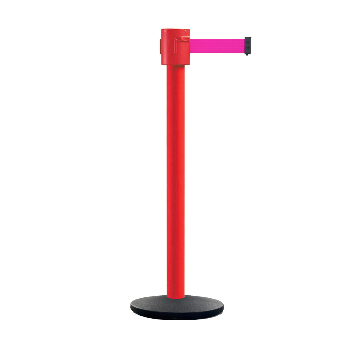 Retractable Belt Barrier Stanchion, Cast Iron Base Base, Red Post, 35 ft Belt - Montour Line MSI760 - Crowd Control Warehouse