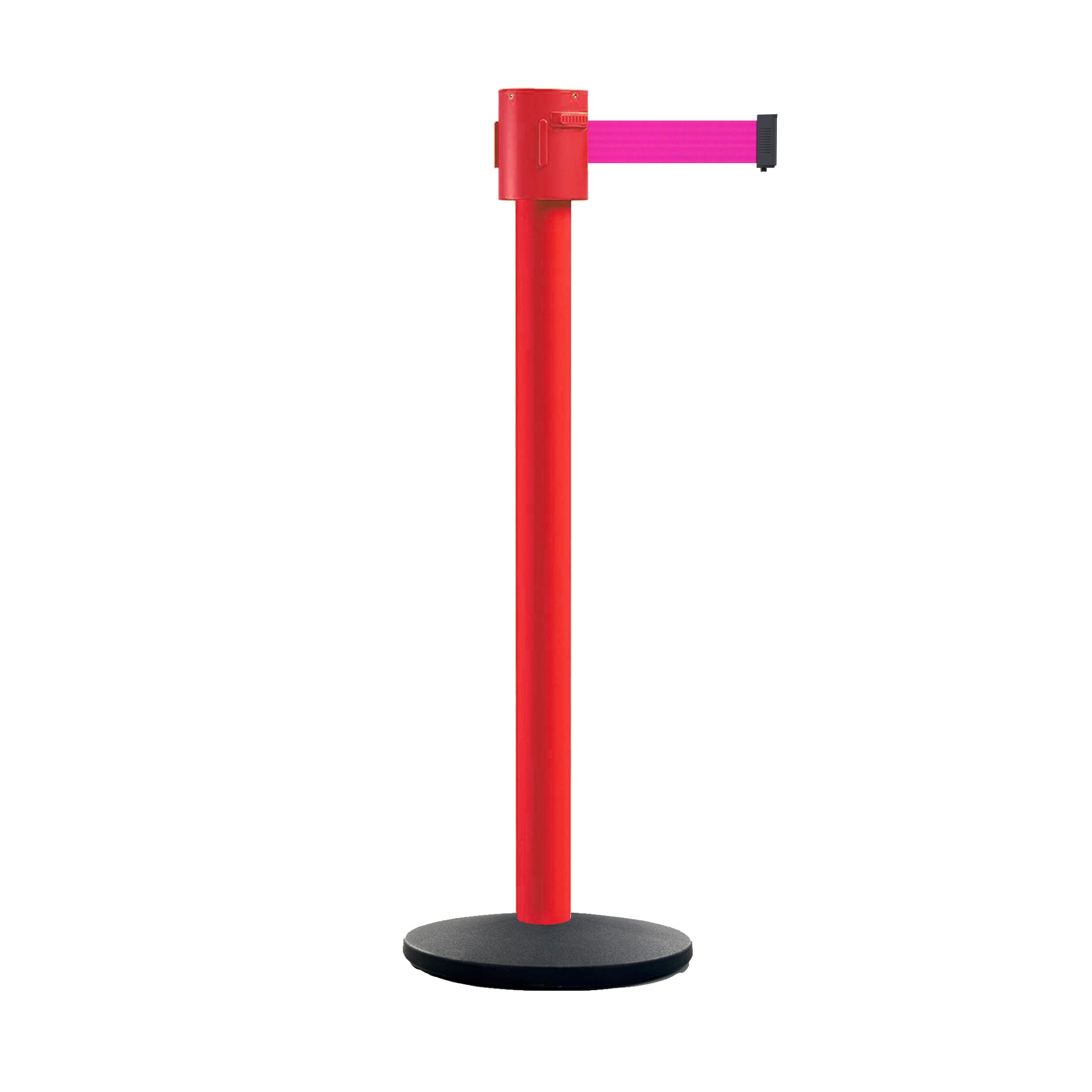 Retractable Belt Barrier Stanchion, Cast Iron Base Base, Red Post, 35 ft Belt - Montour Line MSI760 - Crowd Control Warehouse