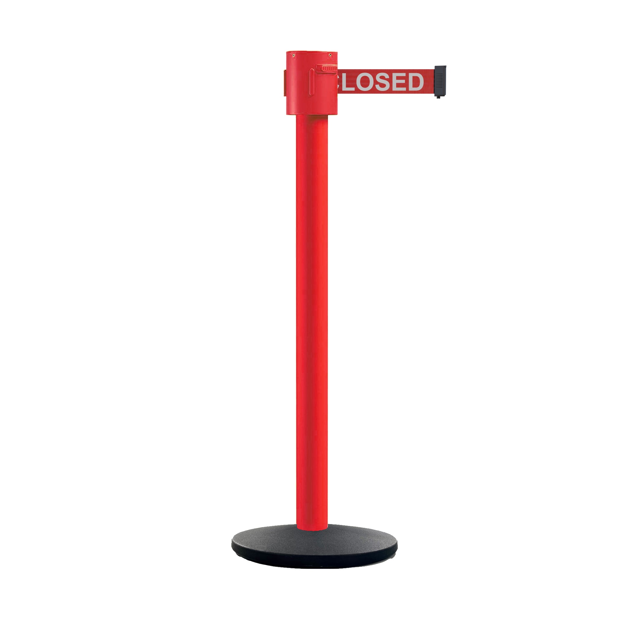 Retractable Belt Barrier Stanchion, Cast Iron Base Base, Red Post, 35 ft Belt - Montour Line MSI760 - Crowd Control Warehouse