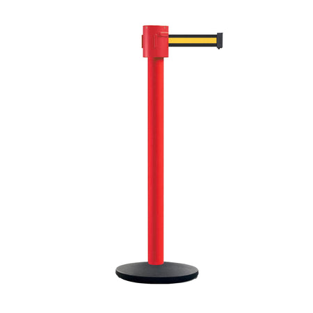 Retractable Belt Barrier Stanchion, Cast Iron Base Base, Red Post, 35 ft Belt - Montour Line MSI760 - Crowd Control Warehouse